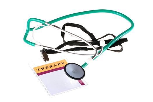 Medical theme - a badge of the doctor of the therapist and a stethoscope.