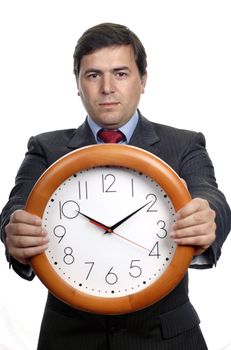 young handsome business man holding a clock