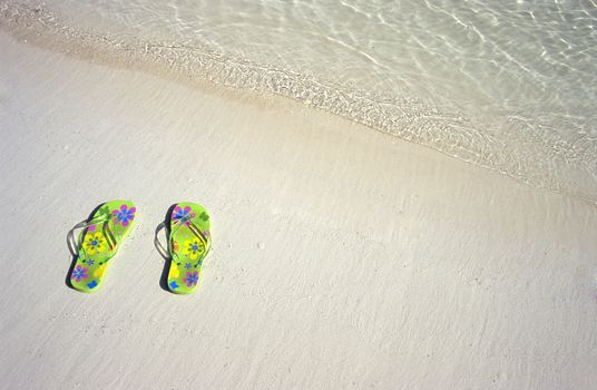 Flowered Flip-flops abandoned by the ocean.