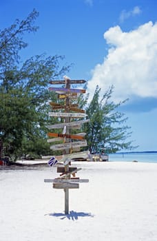 Signs point to various world locations on Stocking Island in the Bahamas