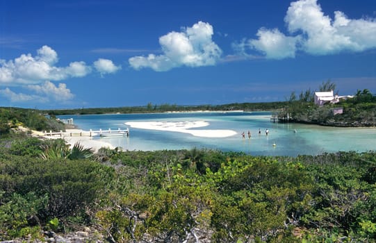 Five people wade through the tourquoise waters of an island in the Bahamas.