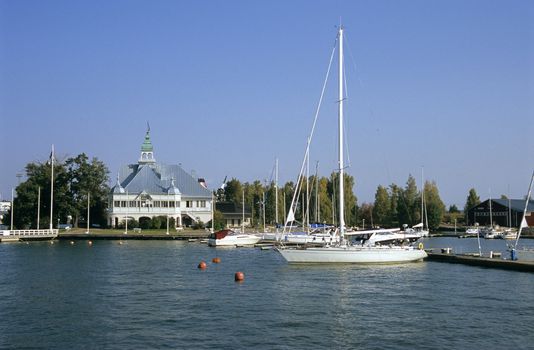 Sailboats docked at a marina in Helsinki, Finland
