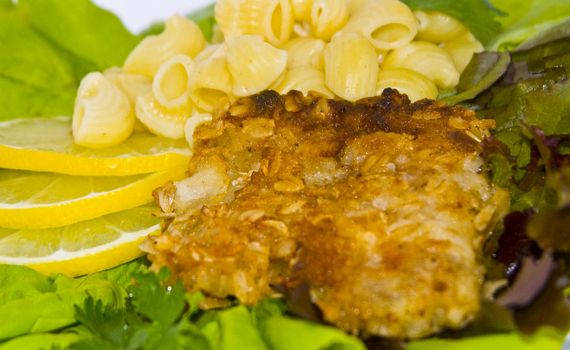 The image of macaroni of a fish and slices of a lemon close up