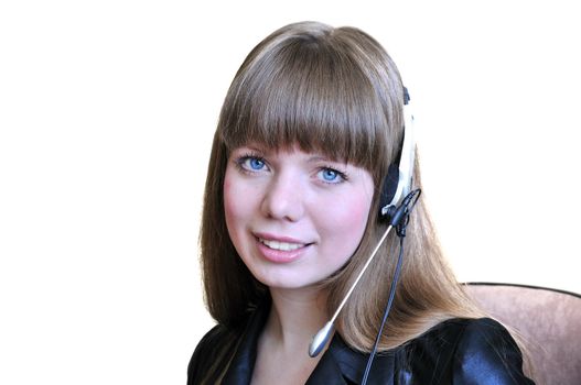 beautiful smiling girl talking to customer via headset. 
