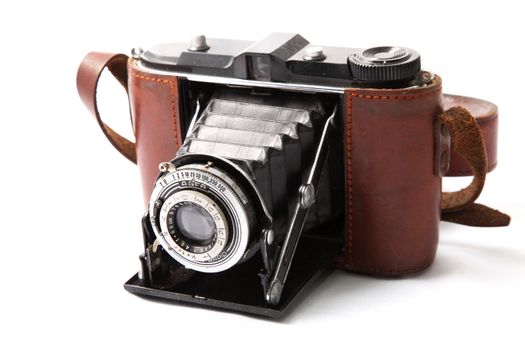 antique, old photo camera on white background 