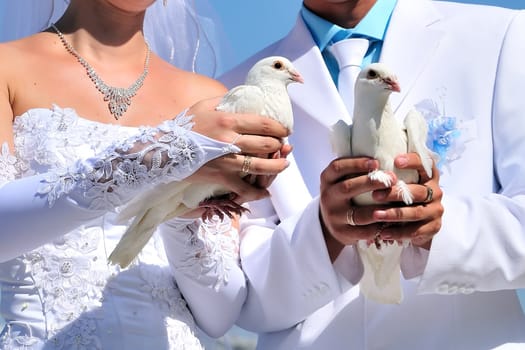 bride and groom holding two white doves