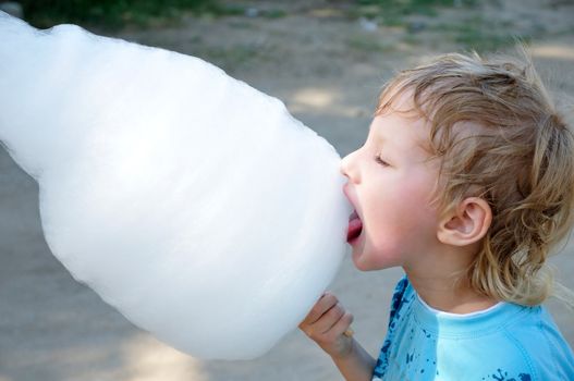 little boy is enjoying cotton candy  in hot summer day