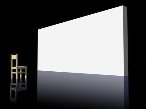 big blank withe sign and chair on black background - 3d illustration