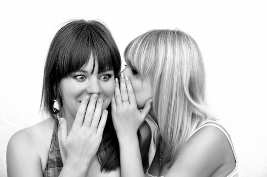 two young girlfriends whispering aboout something in black and white