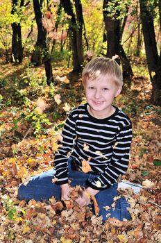 boy playing with yellow maple leaves in the forest.