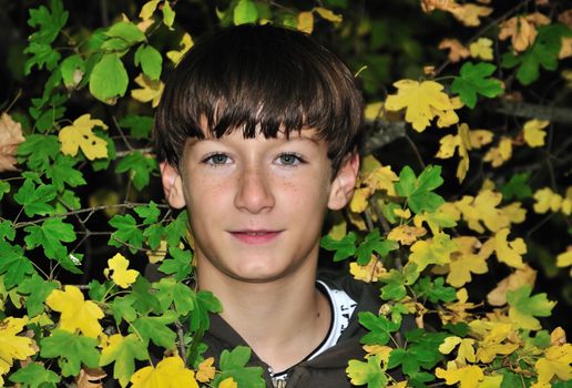 face of teenager beetwin autumn colorful leaves