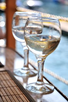 two glasses  with cold water   on the table in the water restaurant 