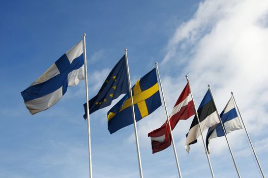 Six nordic and baltic flags and European Union