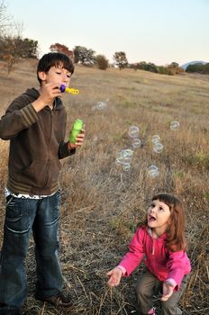 teenager boy blowing soap bubbles for sister