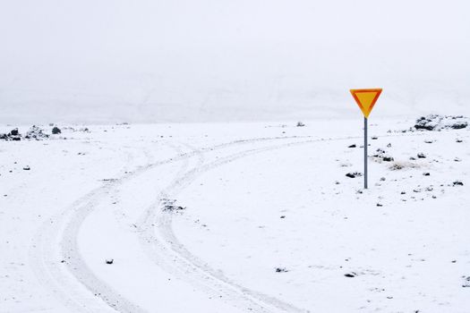 rocky mountain road in snow, Iceland