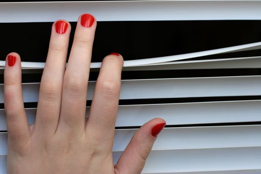 curious spy looking through roller-blind