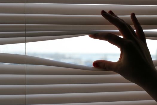 curious spy looking through roller-blind