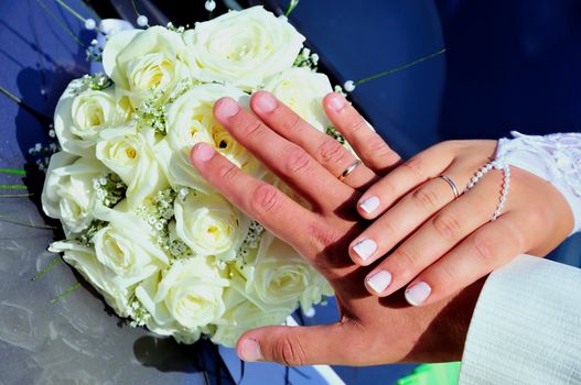 groom's and bride's hands with new gold wedding rings