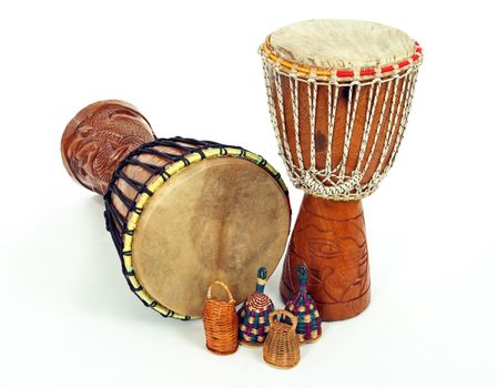 African djembe drums and caxixi shakers. Percussion music instruments.