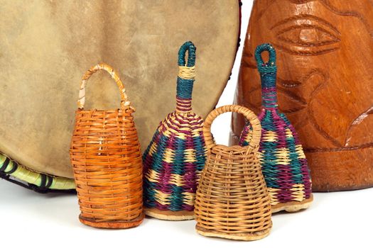 Percussion music instruments. Caxixi shakers  and African djembe drums. 