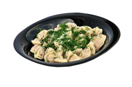 Dumplings - pelemene, pelmeni, ravioli, meat pockets - meal of Russian  cuisine with  	 sour cream and  fennel isolated on a white background 