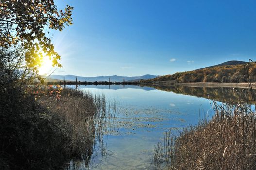 calm lake, reflection autumn forest on the water