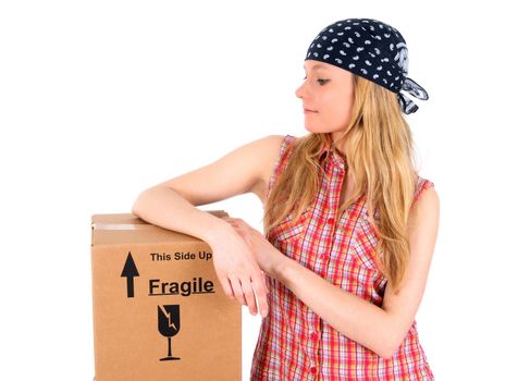 Cute girl wearing bandanna with a parcel delivered.
