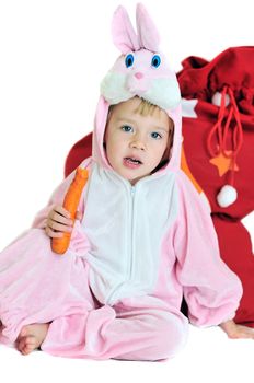  rabbit girl sitting near the bag with gifts