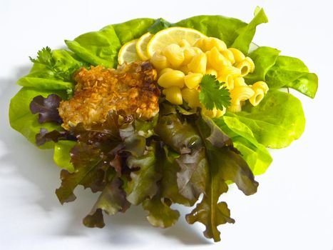 The image of macaroni of a fish and slices of a lemon close up