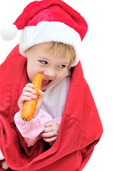 funny santa girl sitting in the bag and eating carrot