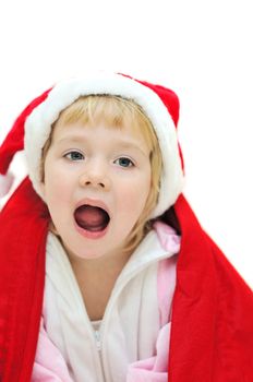 funny crying santa girl over white background