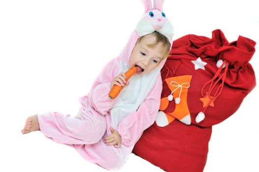 rabbit girl sitting near the bag with gifts
