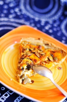 pumpkin pie with chease and seeds (selective focus)