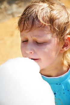  little boy is enjoying cotton candy in hot summer day


