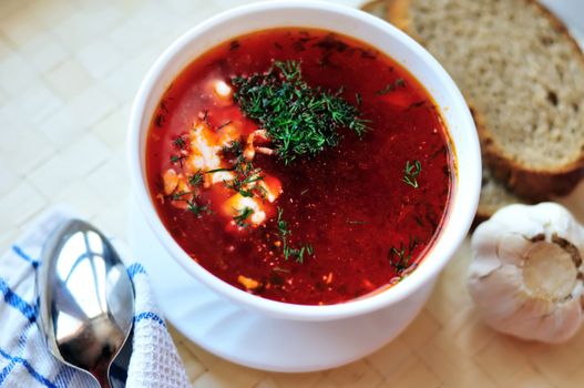 ukrainian and russian red-beet soup (borscht) with garlic and sour cream