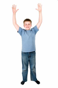 hands-up. little boy on a white background.