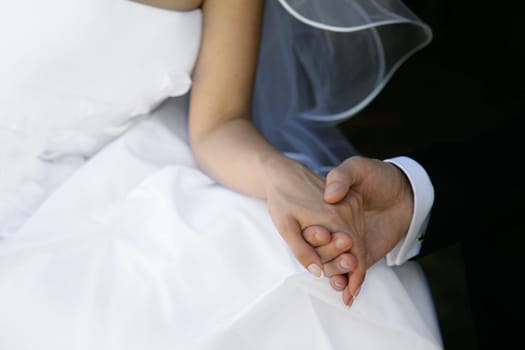 Bride and groom hands with wedding dress