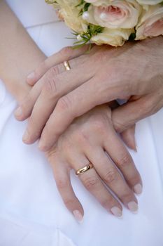 husband and wifes hands with rings