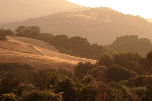 smoke from nearby fires bring a golden haze to the foothills just before sunset 