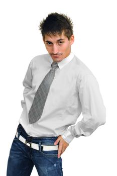 Young handsome confident man on white background.