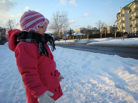 winter road and little girl