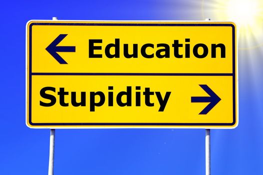 education and stupidity concept with yellow road sign