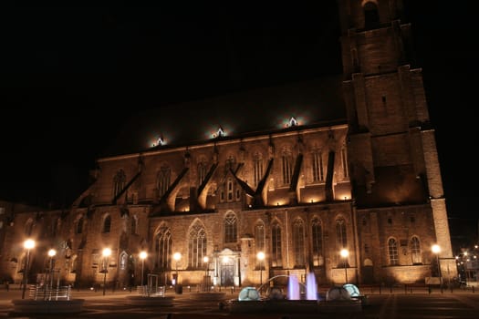 Church and the fountain at night, Wroclaw, Poland