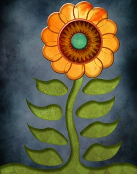 Illustration of an embossed, textured flower and grungy background.