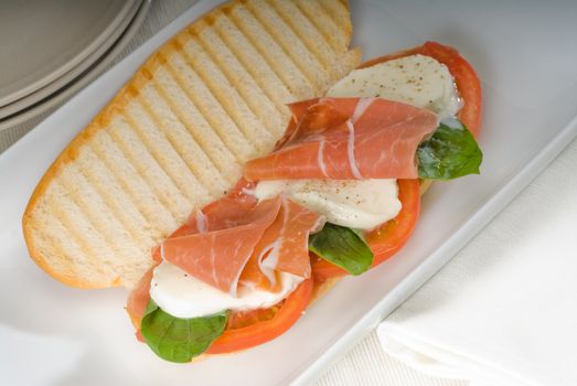 panini sandwich with fresh caprese and parma ham