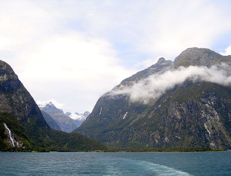 Mountains and Waterfalls within Milford Sound, New Zealand