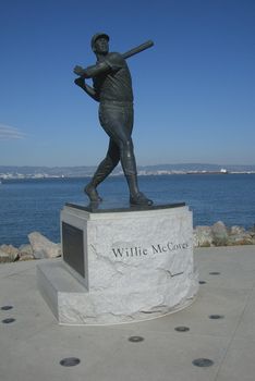 Ballplayer sculpture next to McCovey Cove in San Francisco