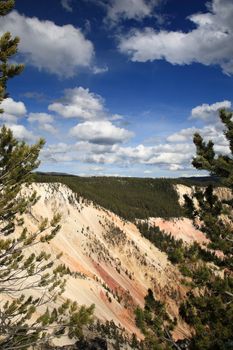 Landmark view of towering cliffs in Yellowstone National Park