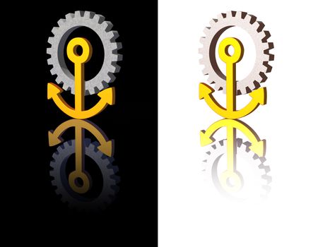 anchor gear logo on black and white background - 3d illustration