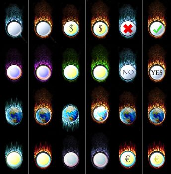 burning buttons as golf, soccer, euro, dollar, pan, violet, checked and unchecked, fire, ice symbol